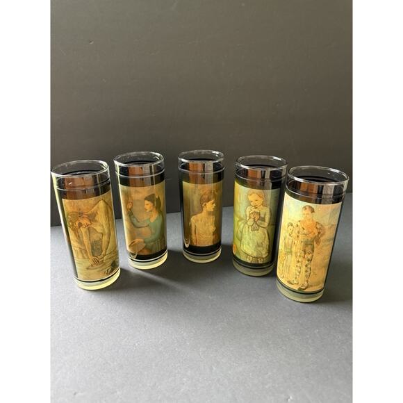 Vintage 1960's Vue-lon Ware Highball Glasses By Litho-Glass Inc 6.25" Set(5)